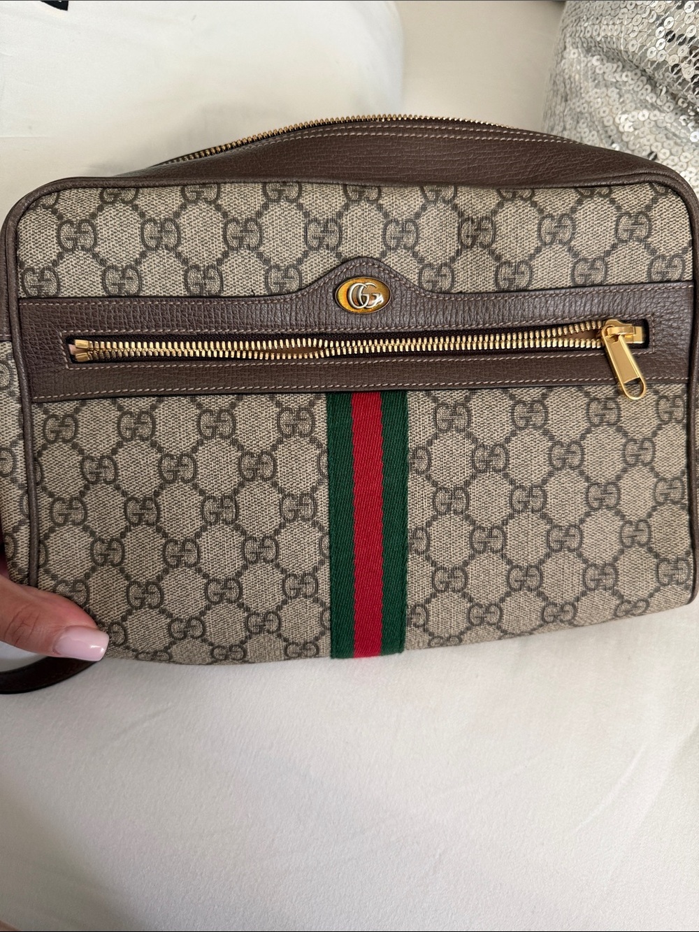 Gucci Beige GG Supreme Canvas Belt Bag with Brown Leather and Web Stripe